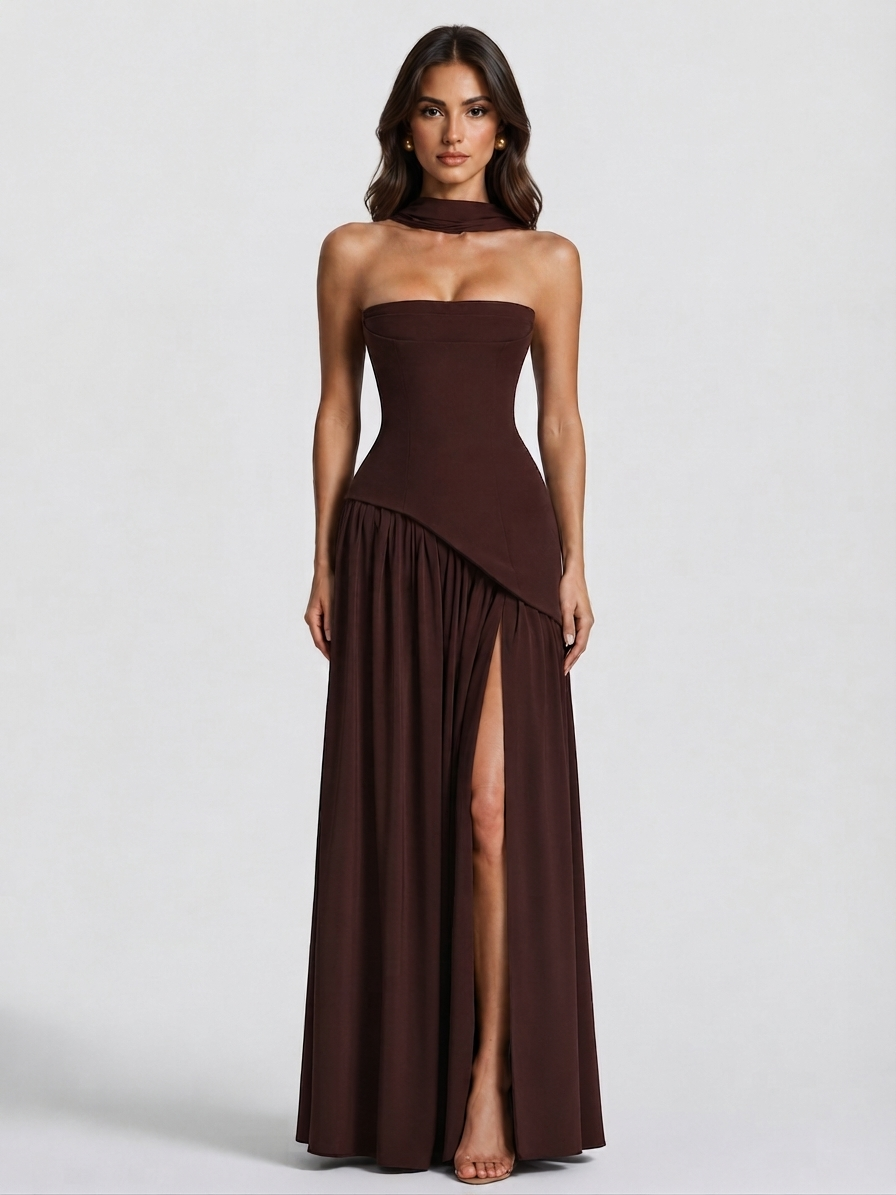 Vestido largo de noche Raquel con corsé y abertura lateral, rebajado