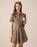 Minivestido Marrón de Cuadros con Solapa y Falda Plisada
