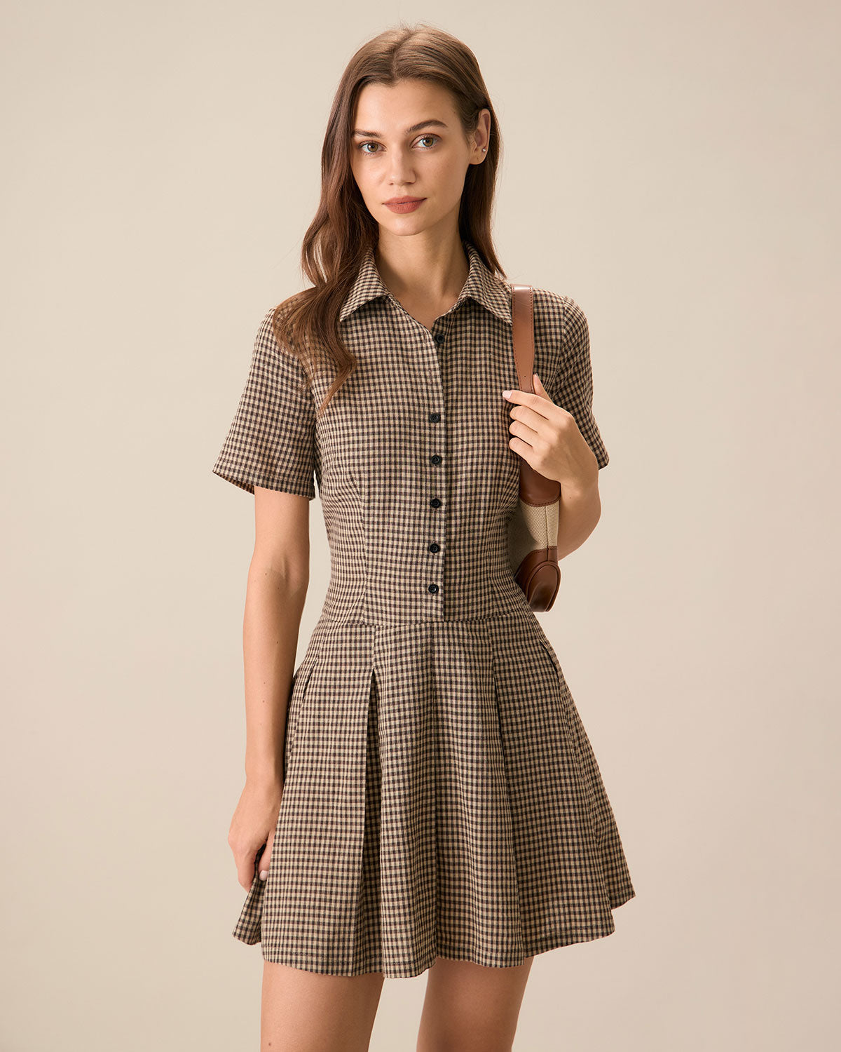 Minivestido Marrón de Cuadros con Solapa y Falda Plisada