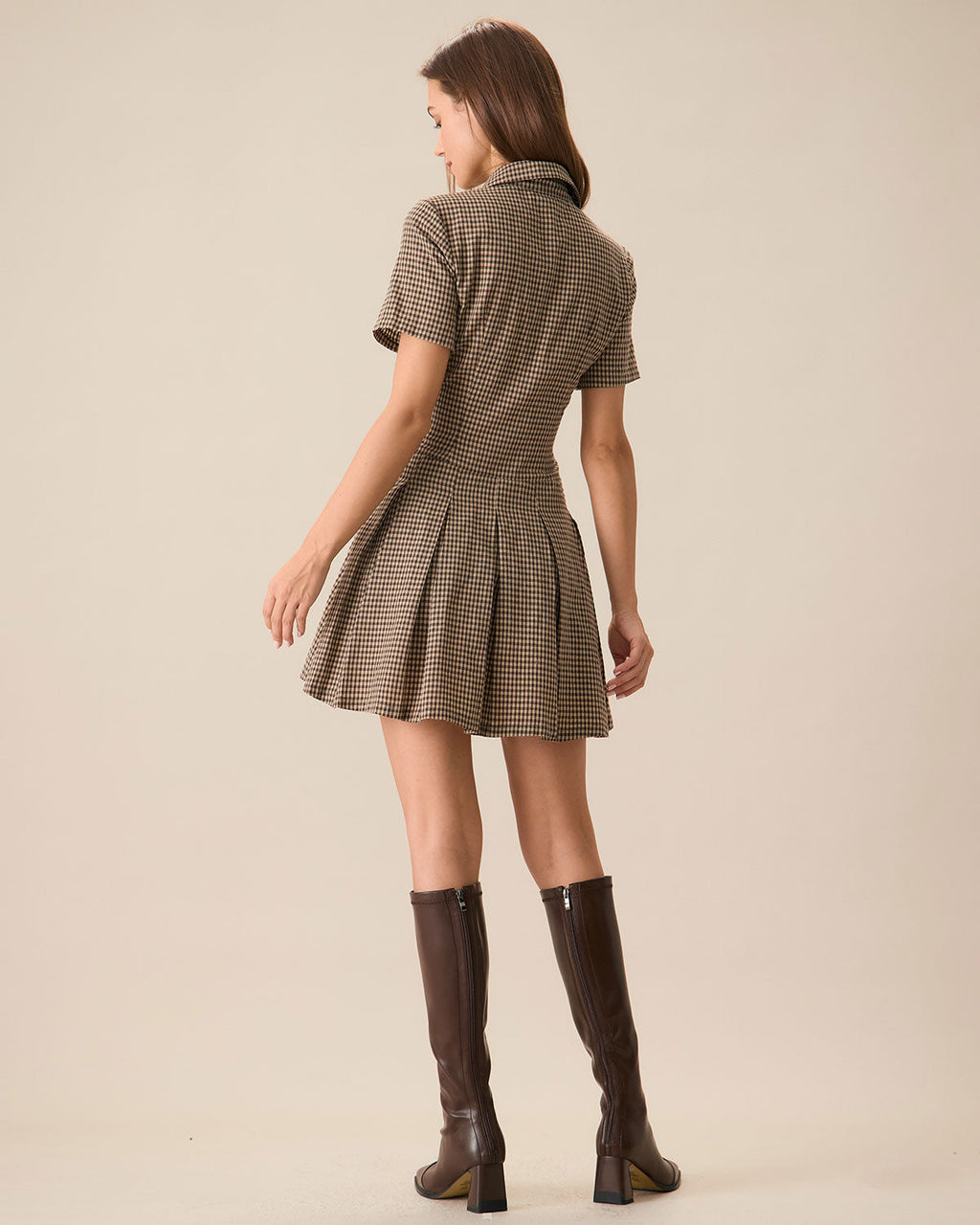 Minivestido Marrón de Cuadros con Solapa y Falda Plisada