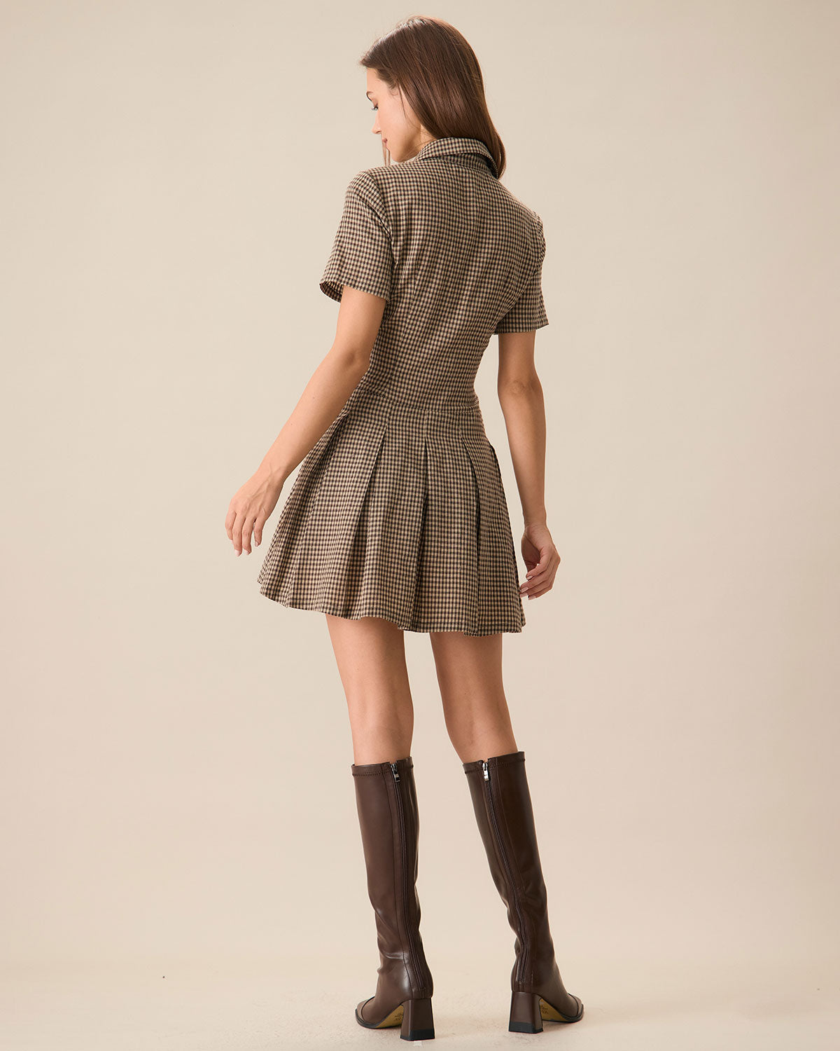 Minivestido Marrón de Cuadros con Solapa y Falda Plisada