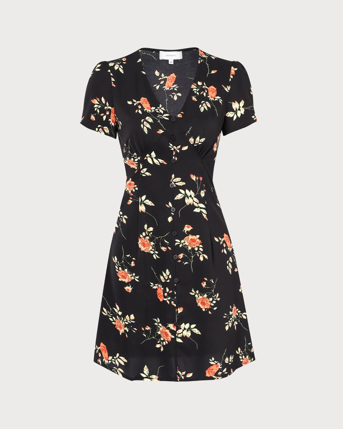 Minivestido Negro Floral con Escote en V y Botones