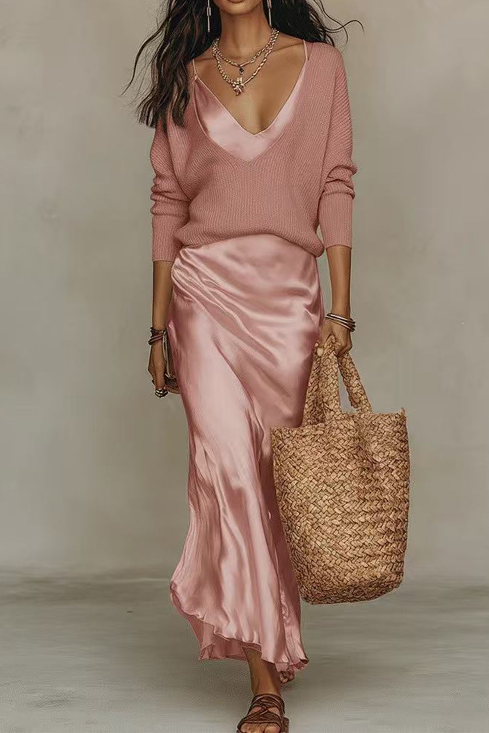 Jovita | Conjunto de Jersey con Escote en Pico y Vestido Largo de Satén