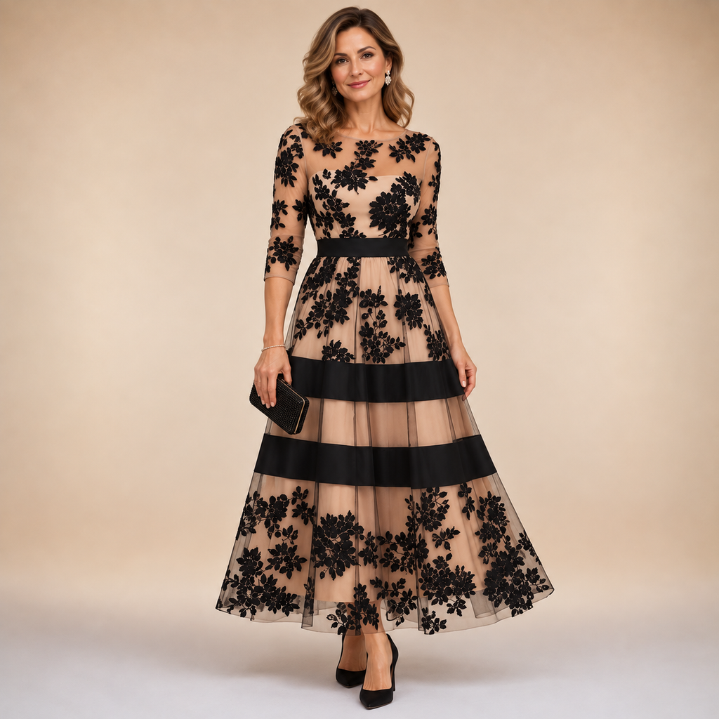 Amelia | Vestido Midi de Encaje Floral con Escote Barco