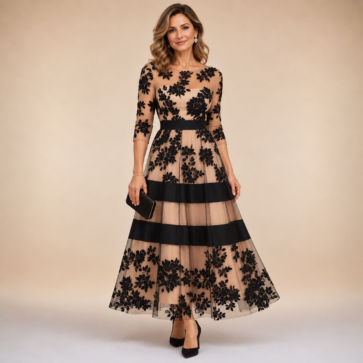 Amelia | Vestido Midi de Encaje Floral con Escote Barco