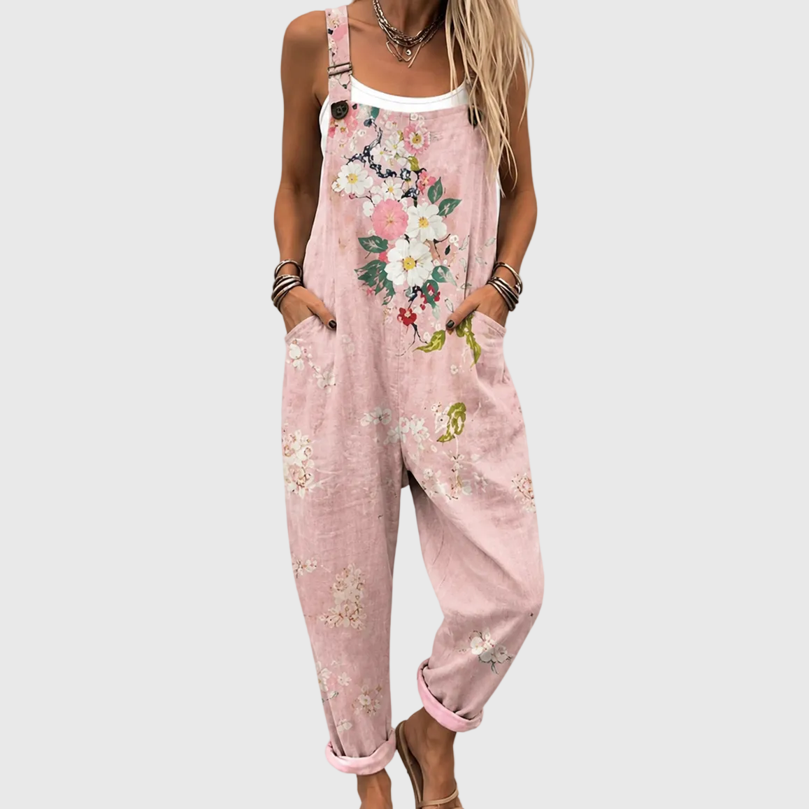 Florencia | Peto Floral Rosa con Tirantes Ajustables y Bolsillos