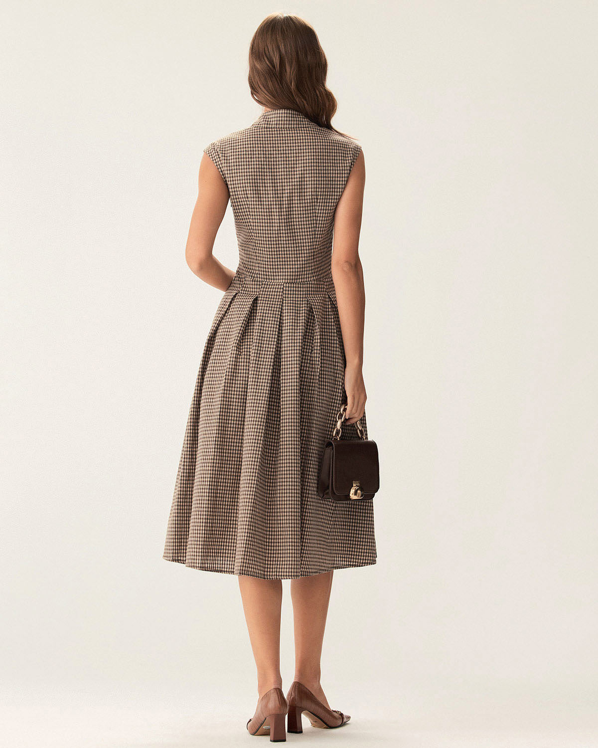 Vestido midi de cuadros marrón para oficina, cuerpo entero