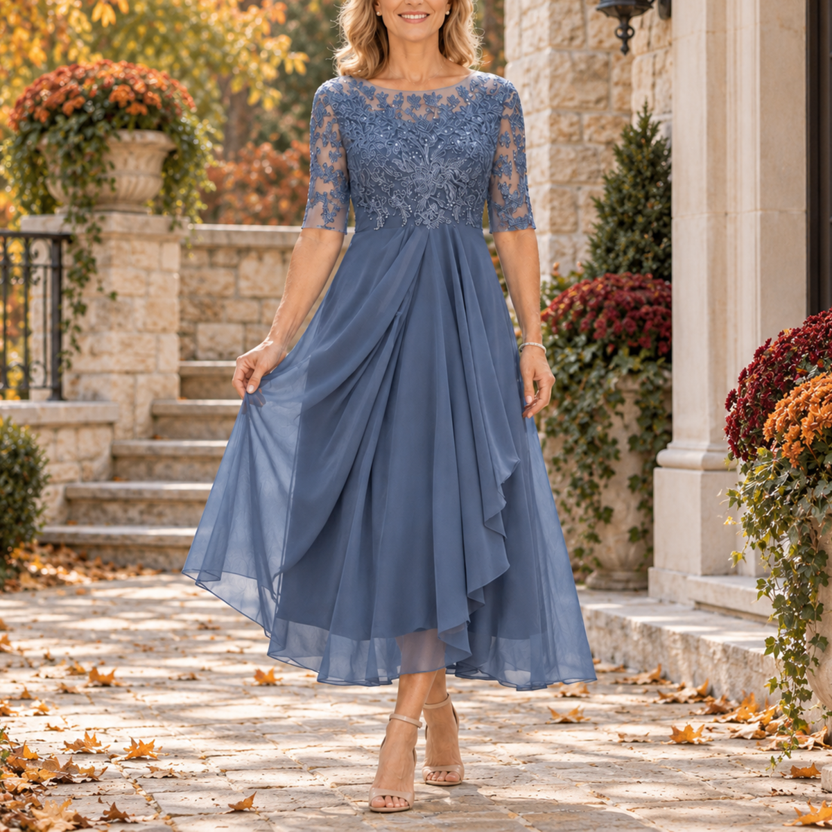 Inmaculada | Vestido Midi de Encaje con Falda Drapeada en Capas
