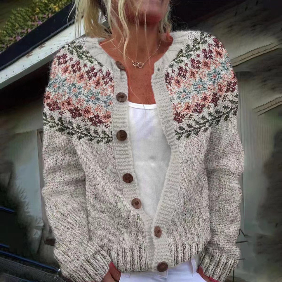 Carolina | Cárdigan de Punto Nórdico con Canesú Jacquard