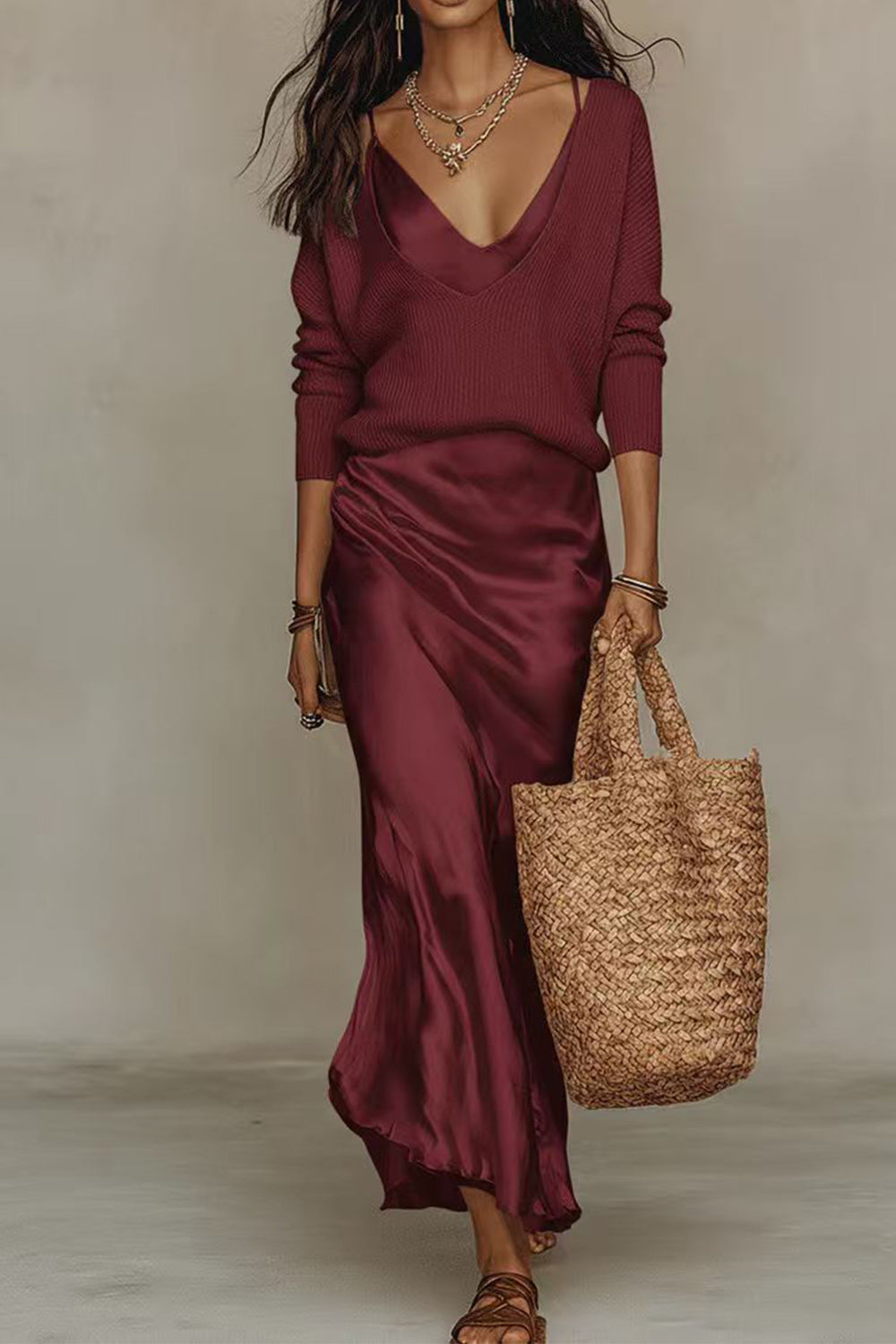 Jovita | Conjunto de Jersey con Escote en Pico y Vestido Largo de Satén