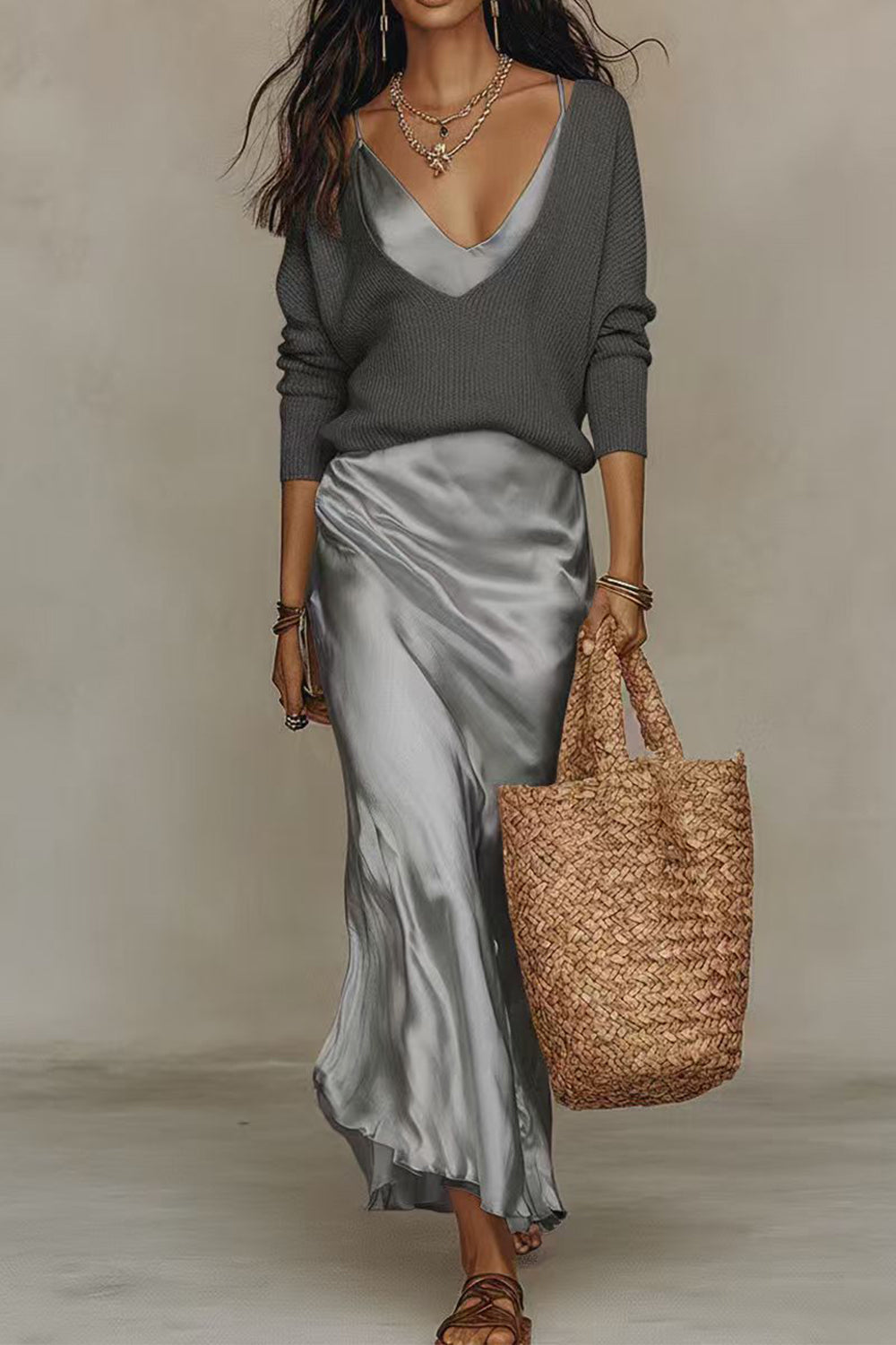 Jovita | Conjunto de Jersey con Escote en Pico y Vestido Largo de Satén