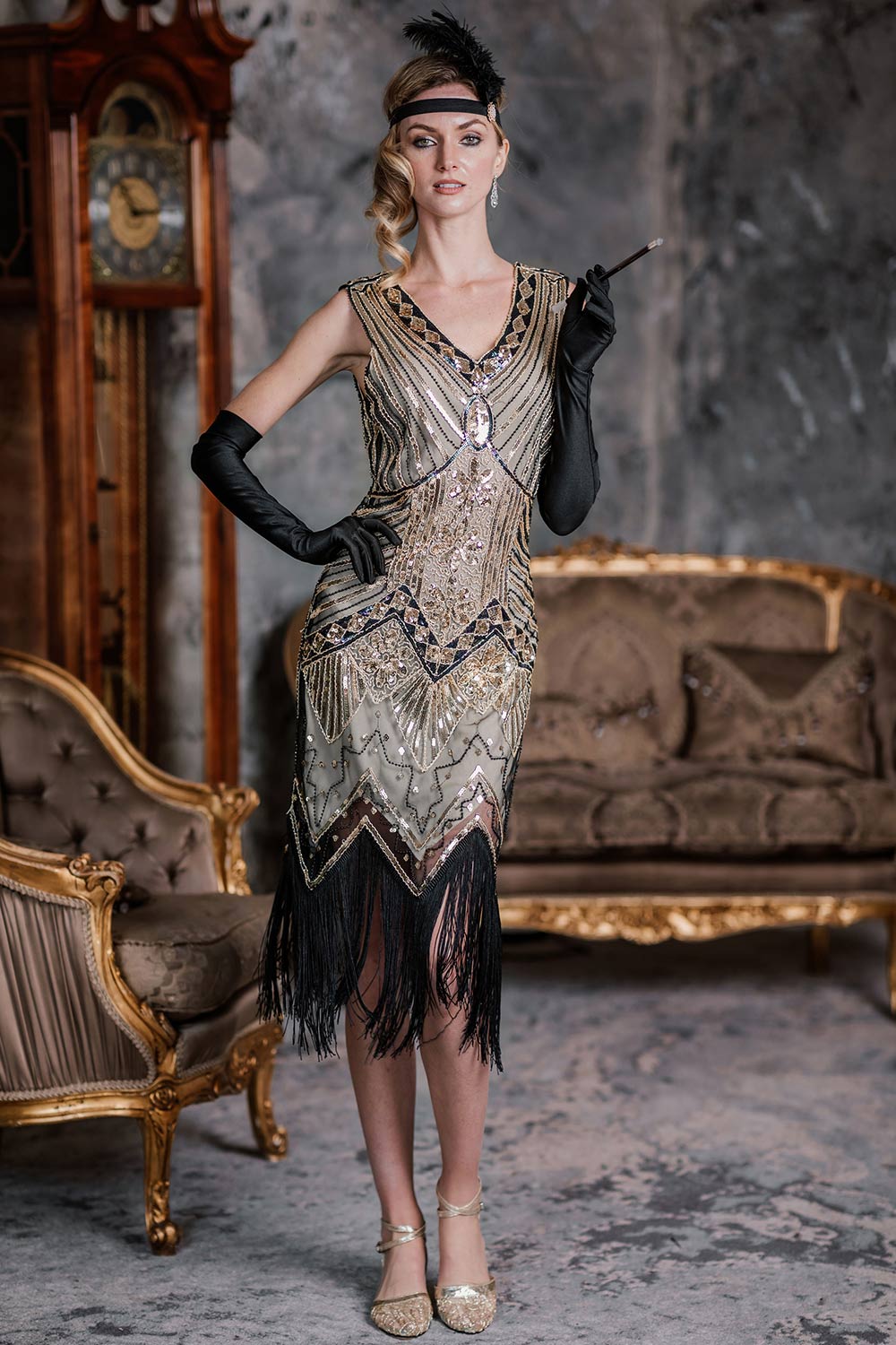 Alba | Vestido de Fiesta con Pedrería y Flecos, Estilo Charleston