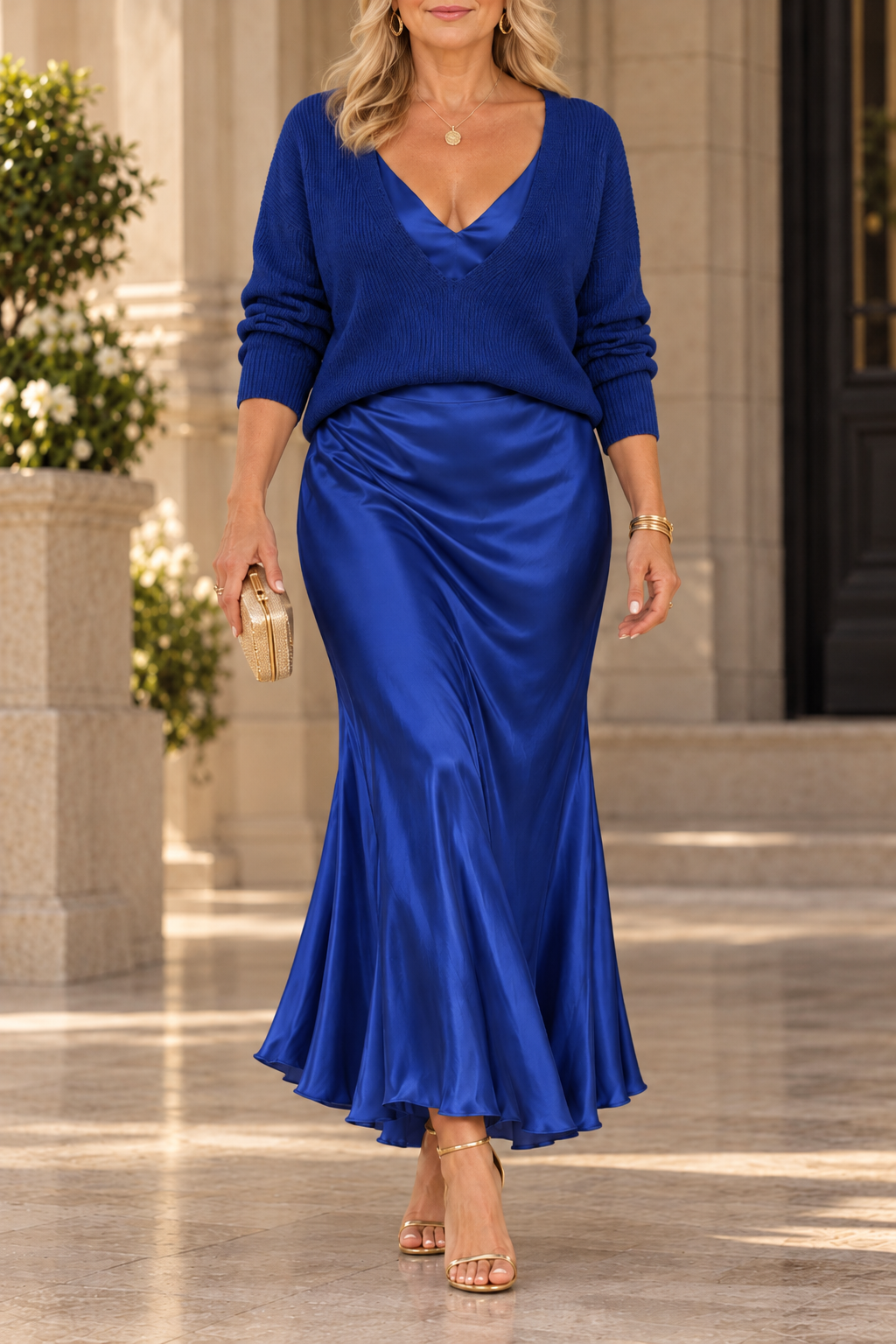 Jovita | Conjunto de Jersey con Escote en Pico y Vestido Largo de Satén