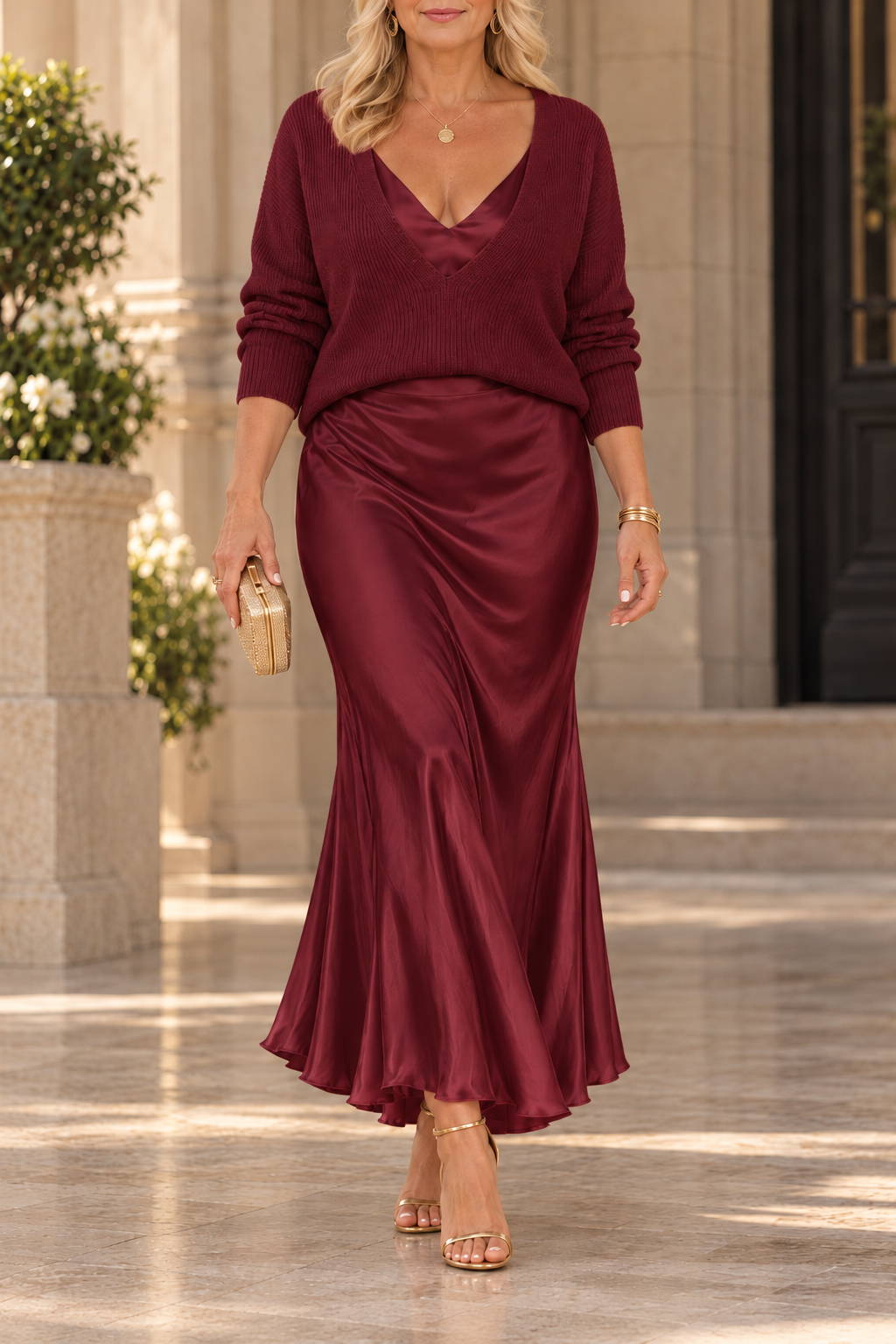 Jovita | Conjunto de Jersey con Escote en Pico y Vestido Largo de Satén