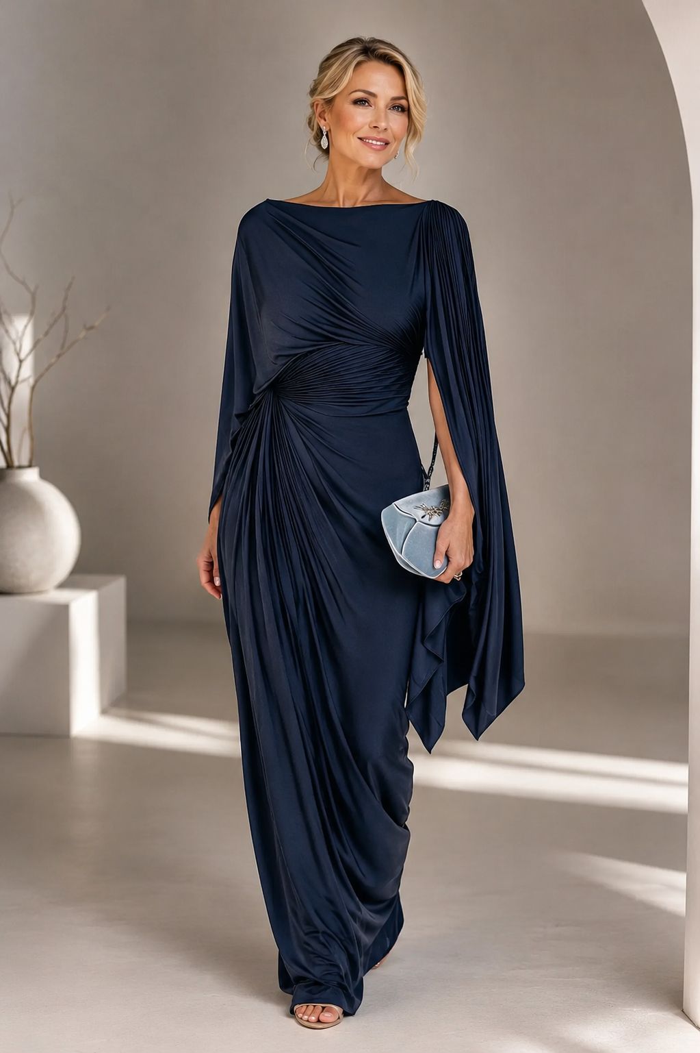 Meryl | Vestido Largo Plisado con Escote Barco