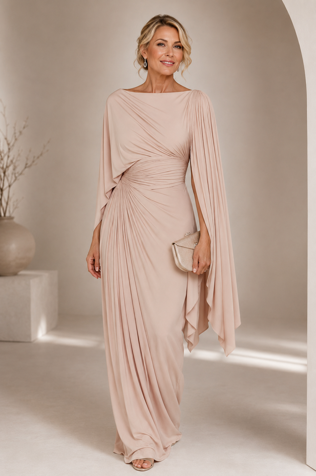 Meryl | Vestido Largo Plisado con Escote Barco