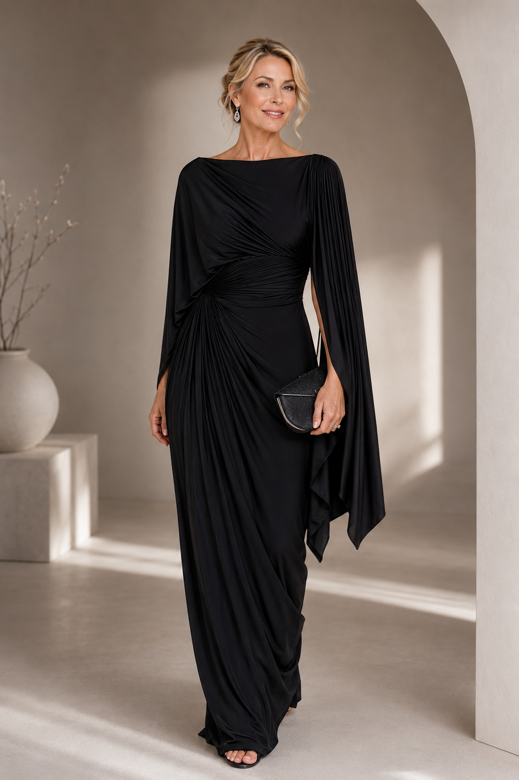 Meryl | Vestido Largo Plisado con Escote Barco