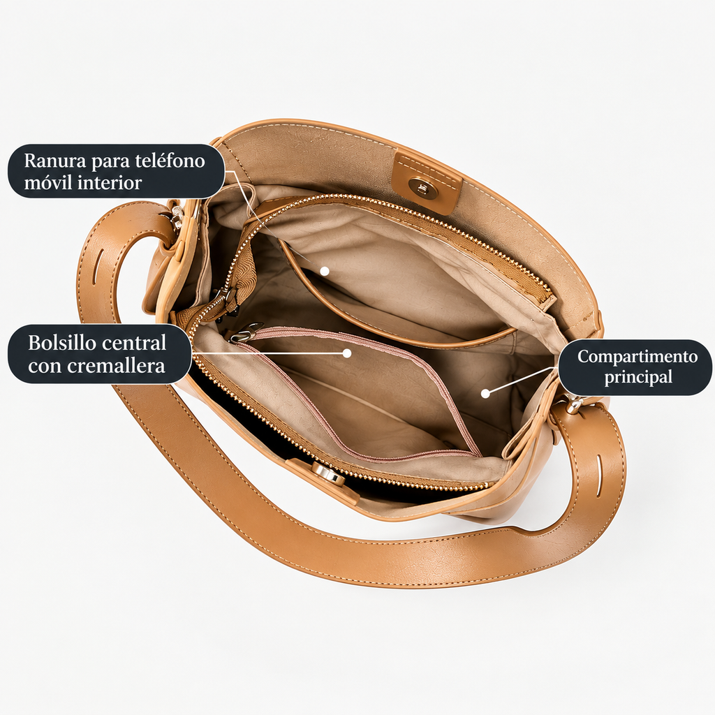 Carlota | Bolso Saco de Piel Auténtica con Bandolera Ajustable