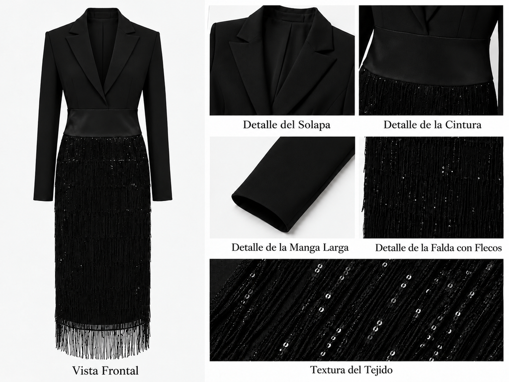 Ximena | Vestido Midi Estilo Blazer con Flecos de Lentejuelas