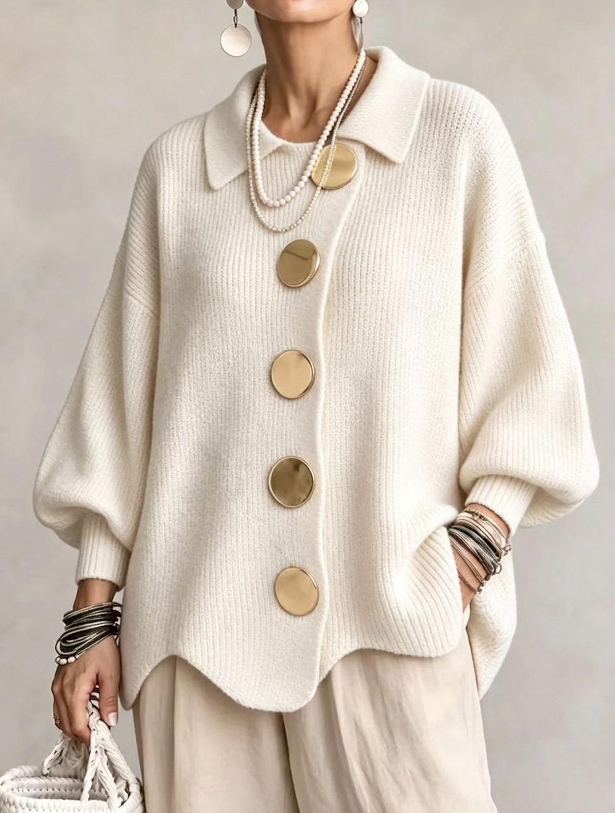 Isadora | Cárdigan Oversize con Cuello y Botones Dorados