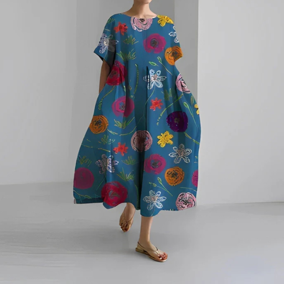 Lara | Vestido Boho Midi Estampado Floral Mujer Manga Corta Corte Amplio