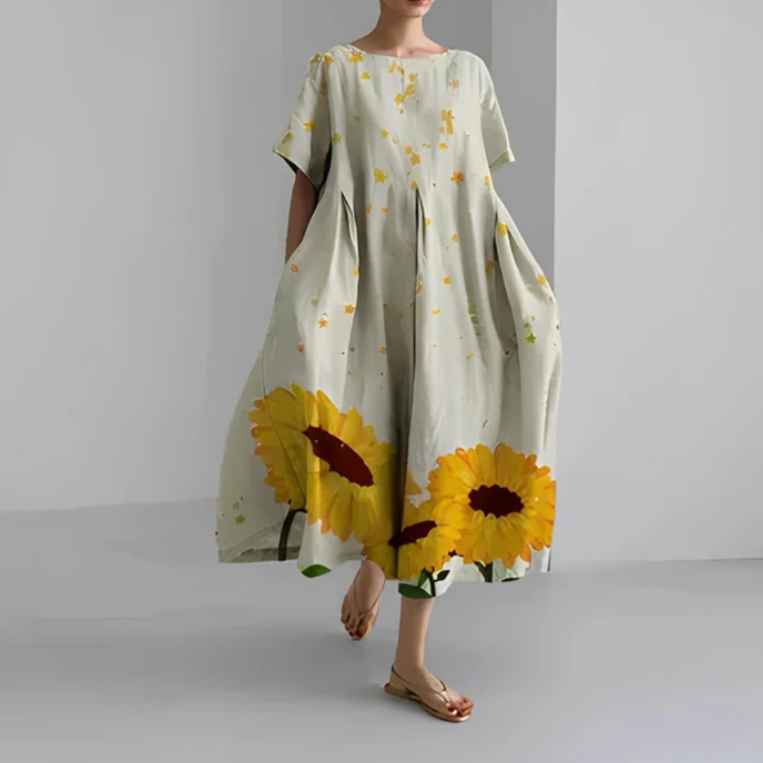 Lara | Vestido Boho Midi Estampado Floral Mujer Manga Corta Corte Amplio