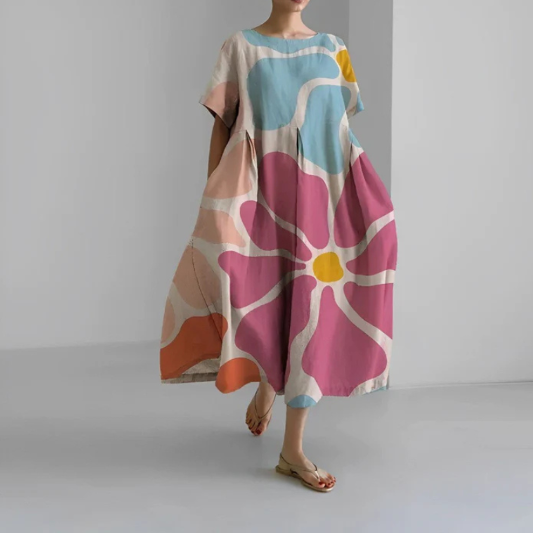 Lara | Vestido Boho Midi Estampado Floral Mujer Manga Corta Corte Amplio