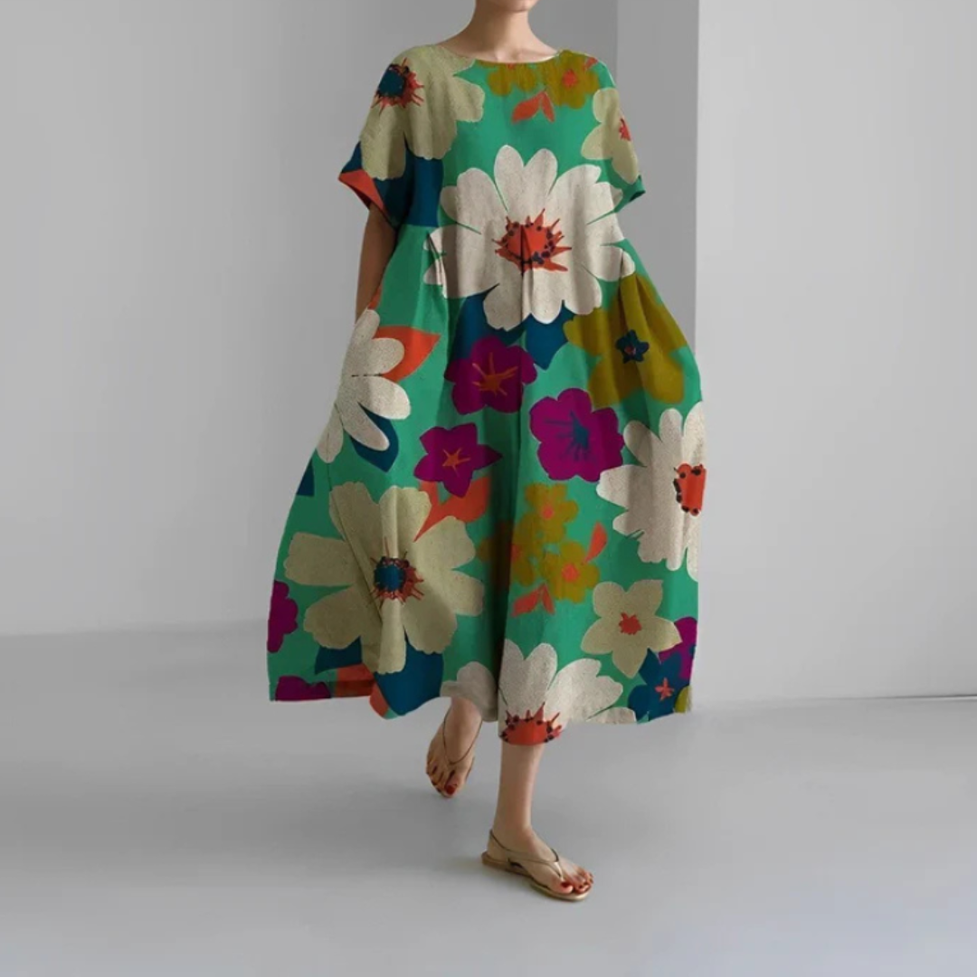 Lara | Vestido Boho Midi Estampado Floral Mujer Manga Corta Corte Amplio