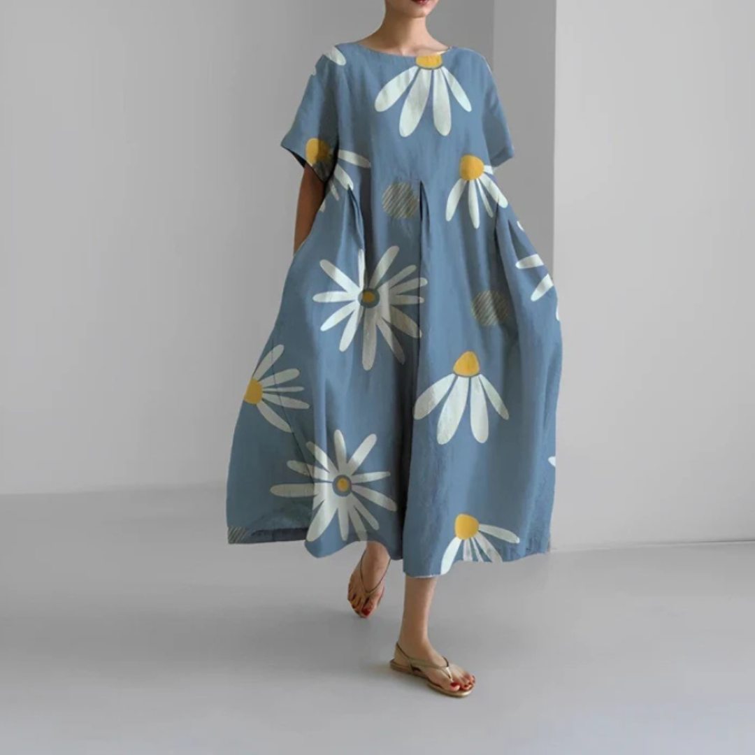 Lara | Vestido Boho Midi Estampado Floral Mujer Manga Corta Corte Amplio