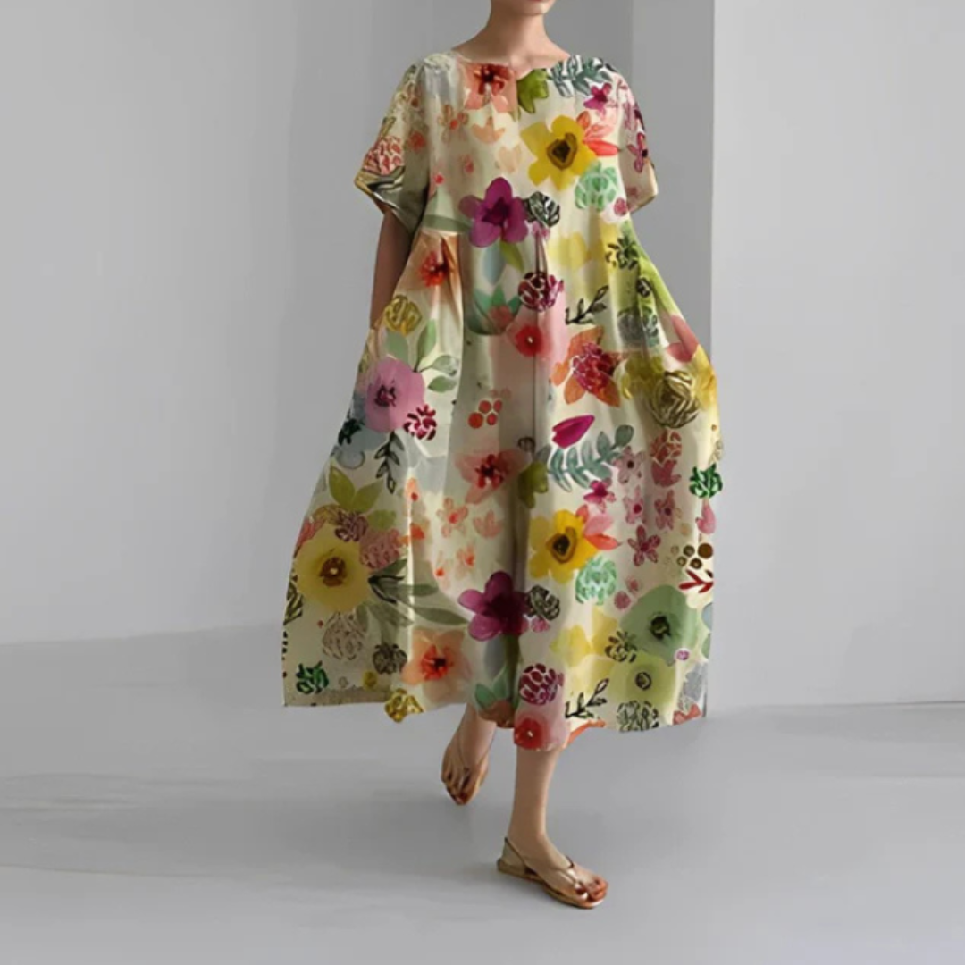 Lara | Vestido Boho Midi Estampado Floral Mujer Manga Corta Corte Amplio