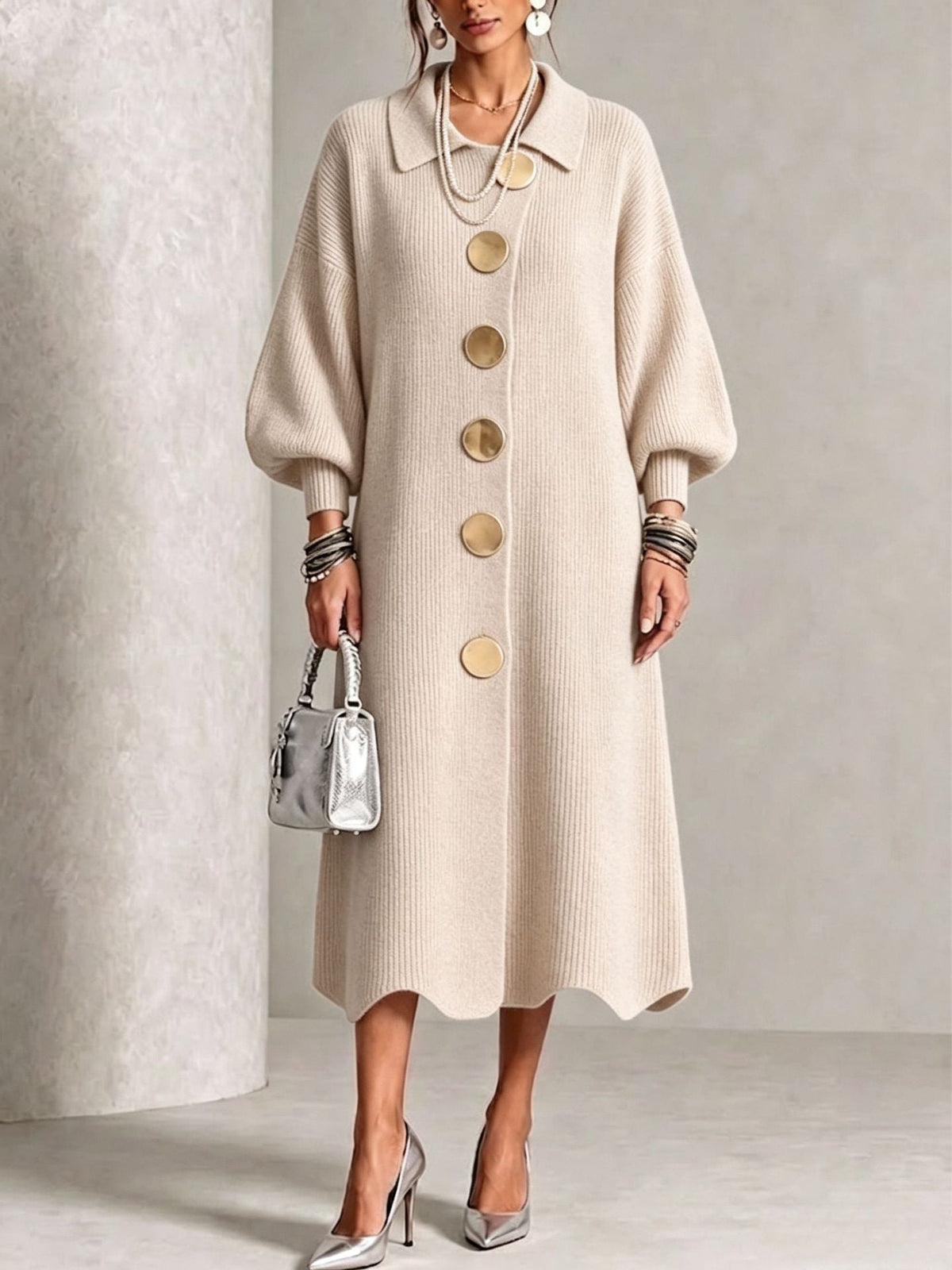 Victoria | Vestido de Punto Canalé con Botones Dorados