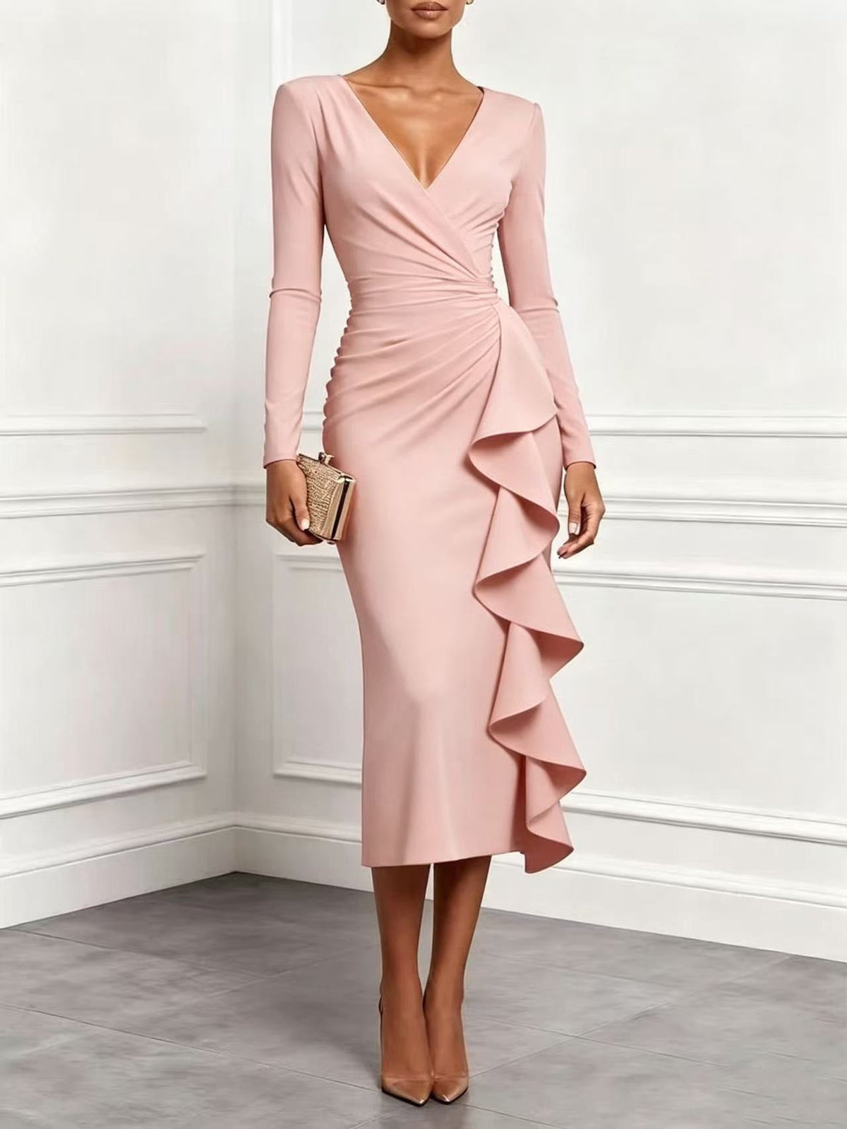 Florencia | Vestido Midi Cruzado con Volantes y Manga Larga