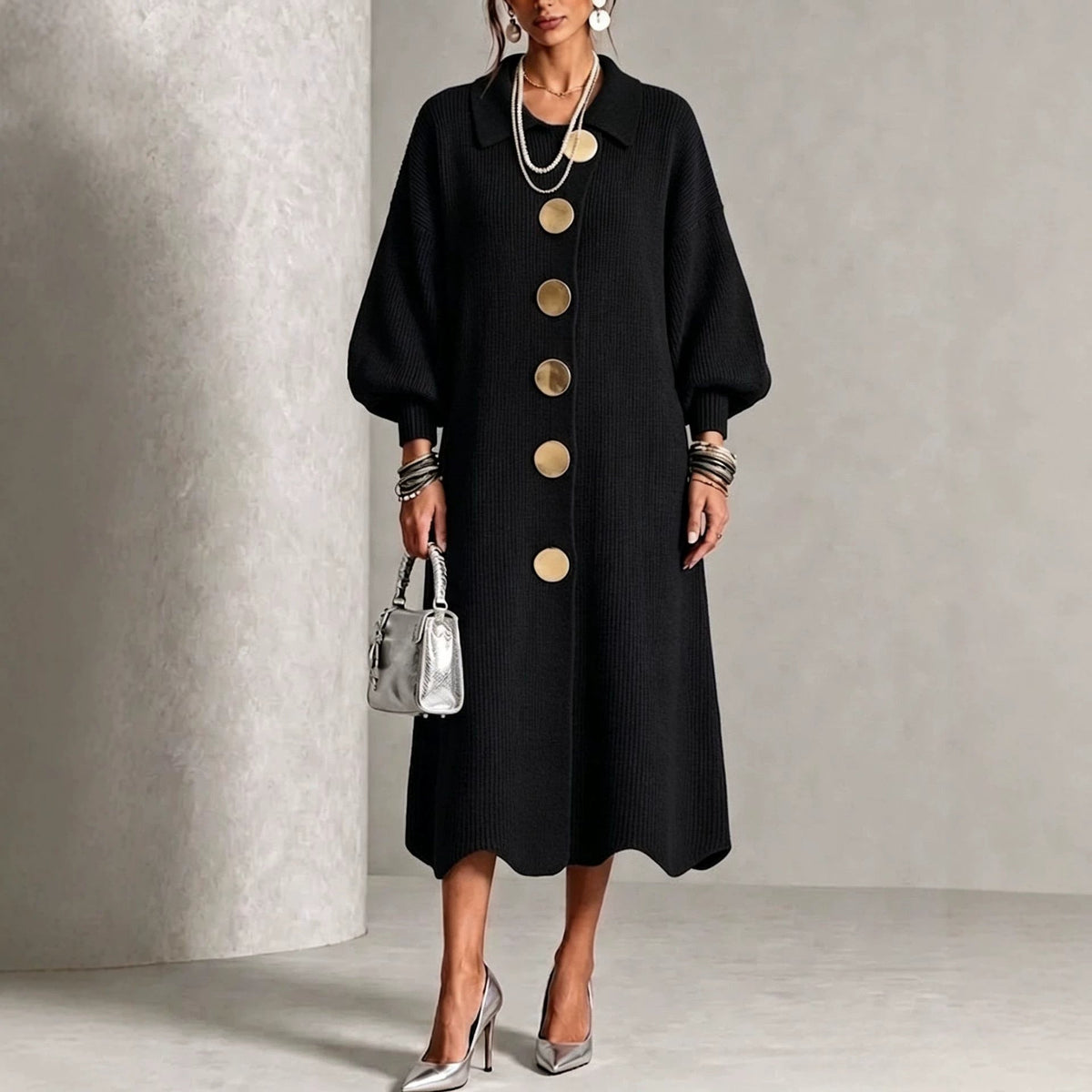 Victoria | Vestido de Punto Canalé con Botones Dorados