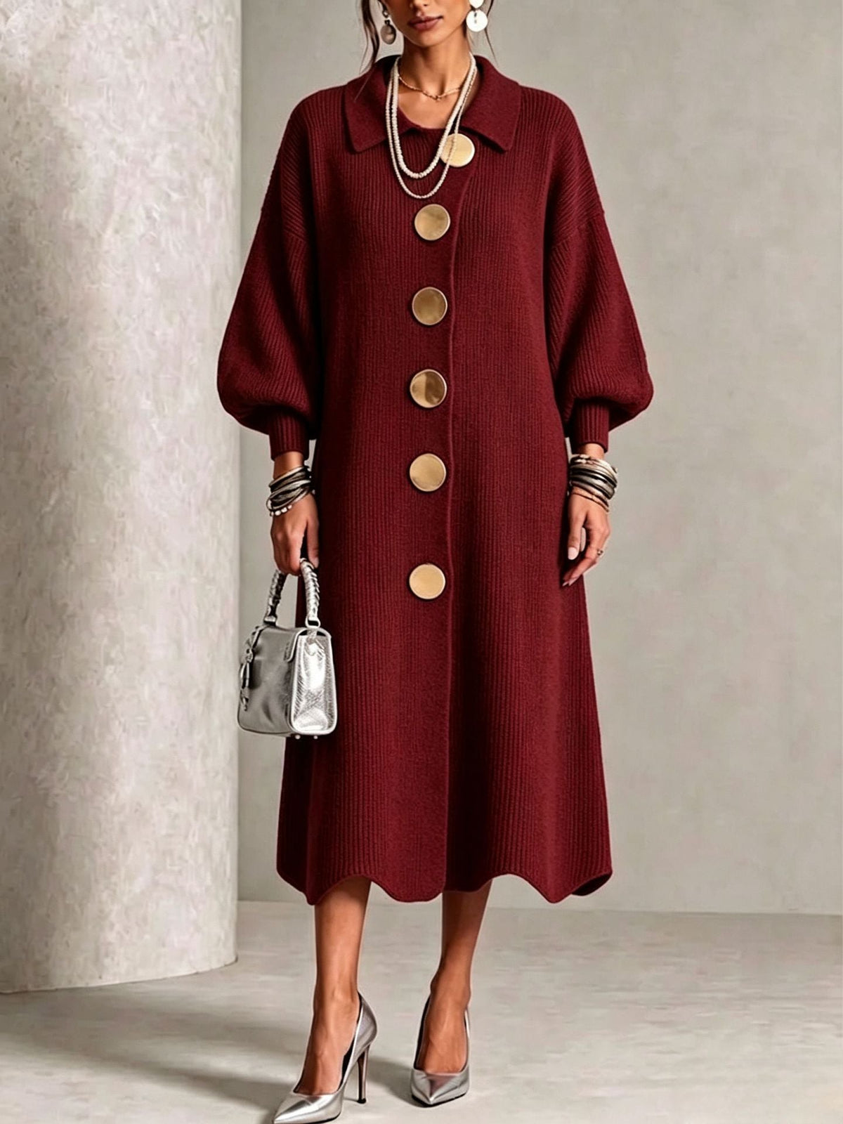 Victoria | Vestido de Punto Canalé con Botones Dorados
