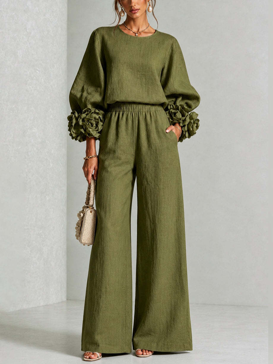 Romina | Conjunto de Top con Puños Florales y Pantalón Ancho