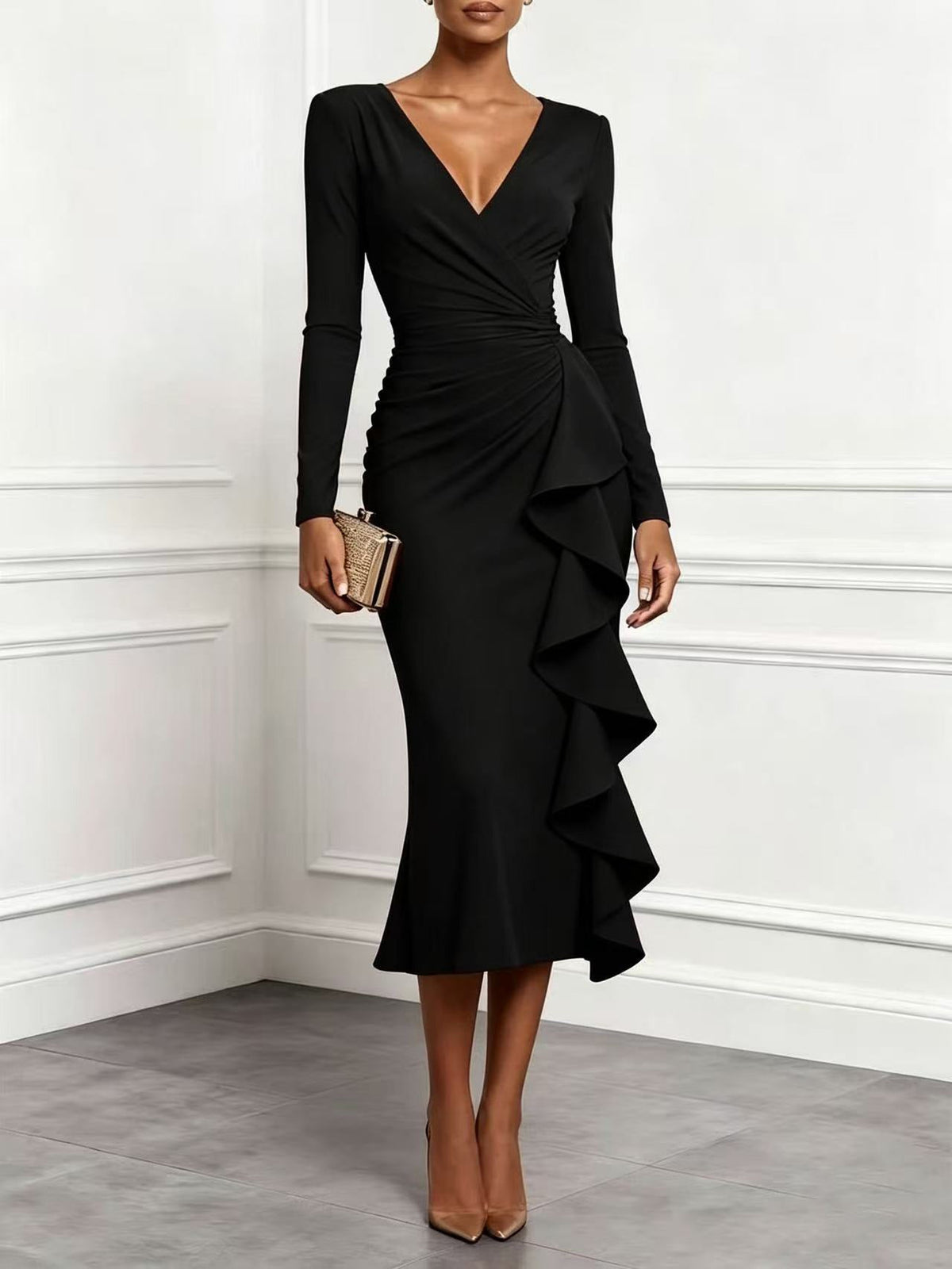 Florencia | Vestido Midi Cruzado con Volantes y Manga Larga