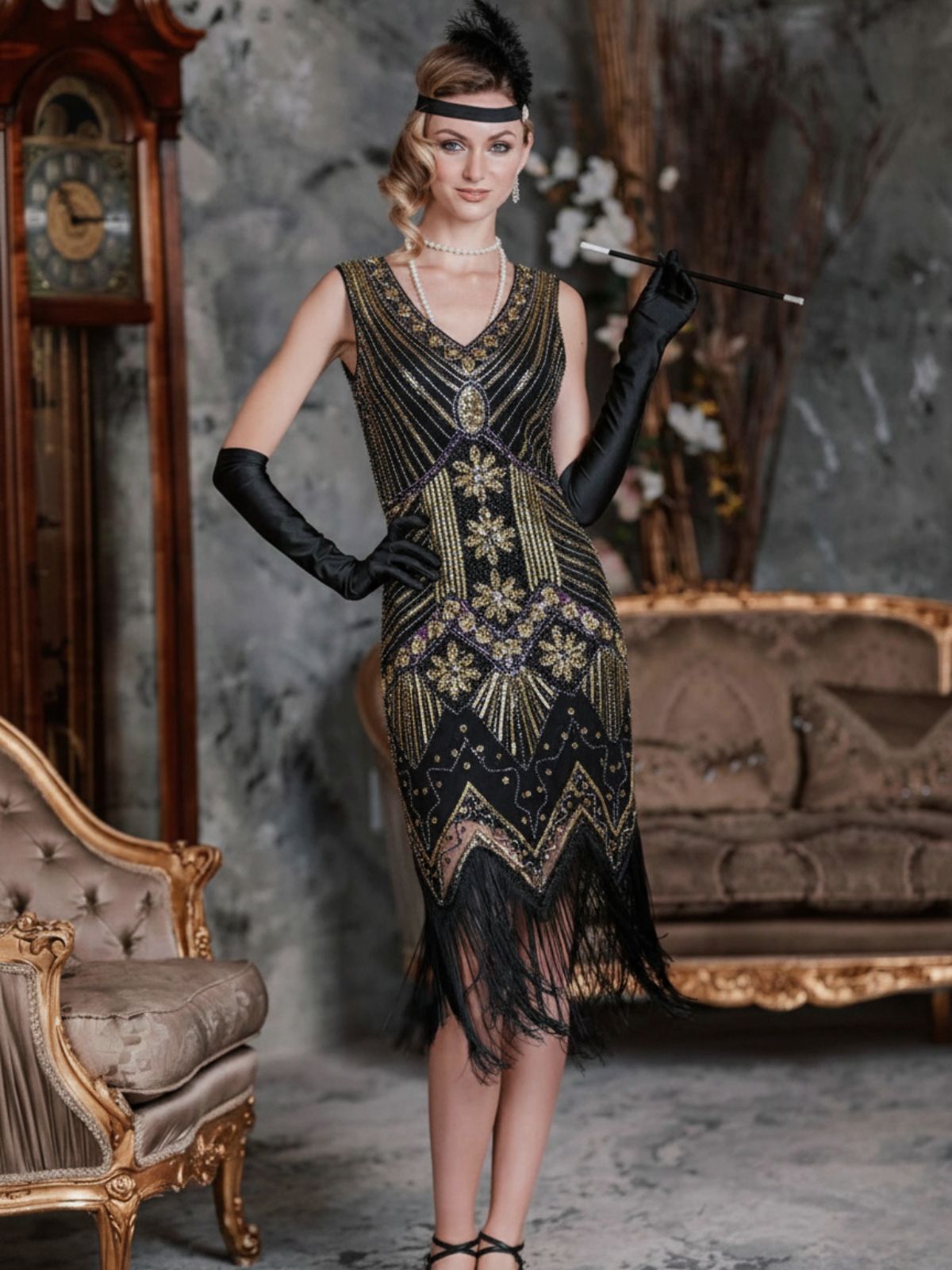 Alba | Vestido de Fiesta con Pedrería y Flecos, Estilo Charleston