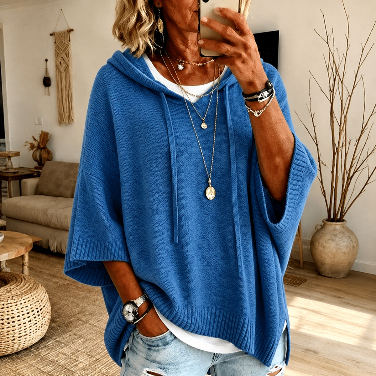 Azahara | Jersey Poncho con Capucha en Azul