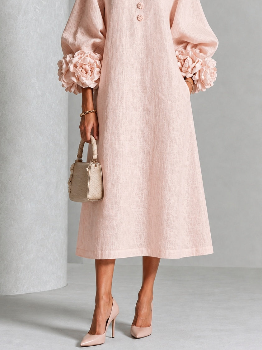 Azucena | Vestido Midi con Botones Florales y Puños de Rosa