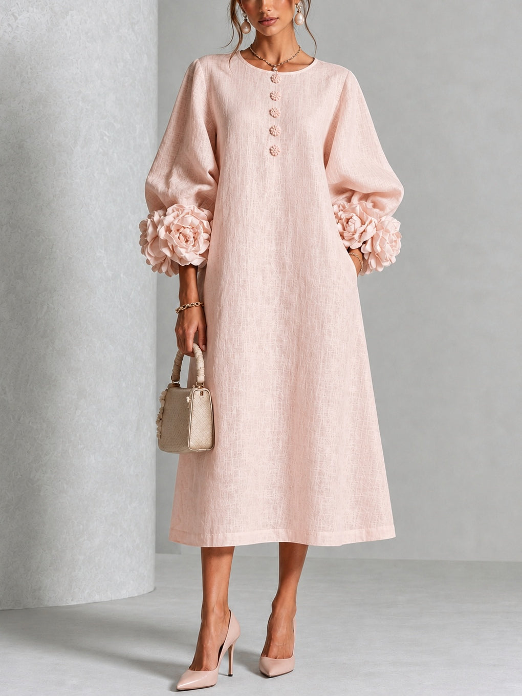 Azucena | Vestido Midi con Botones Florales y Puños de Rosa