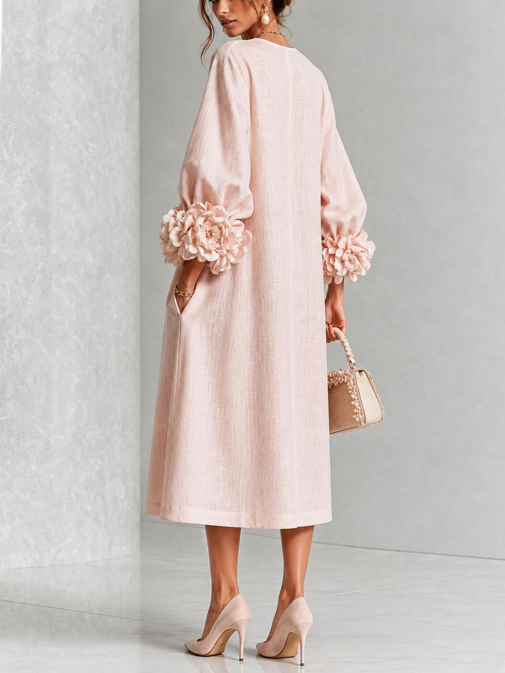Azucena | Vestido Midi con Botones Florales y Puños de Rosa