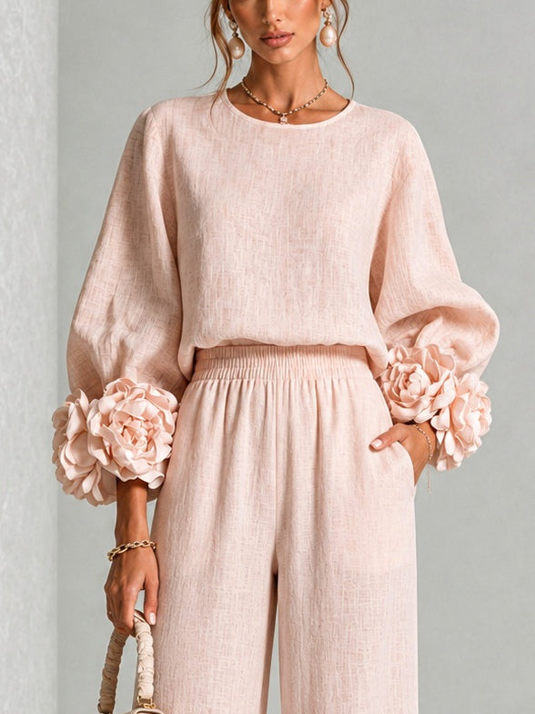Romina | Conjunto de Top con Puños Florales y Pantalón Ancho