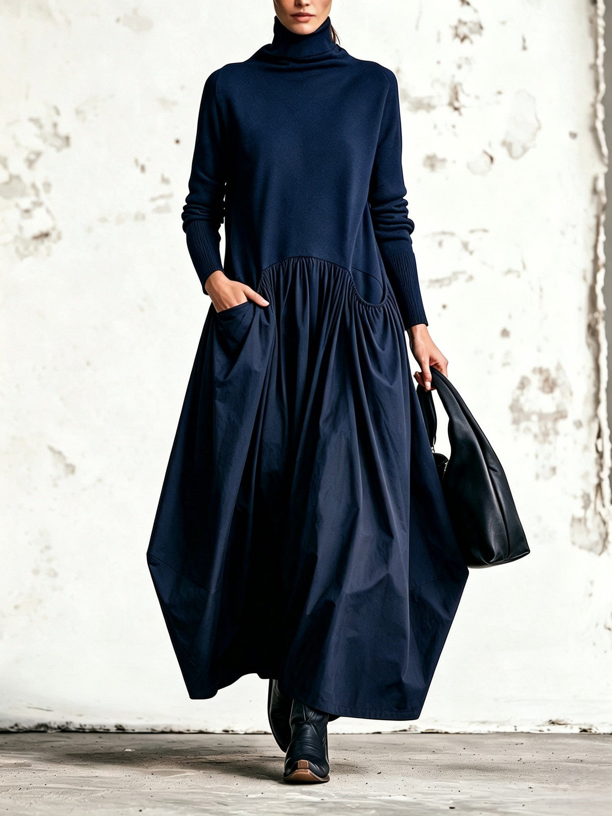 Adriana | Vestido Largo Oversize de Cuello Alto con Bolsillos