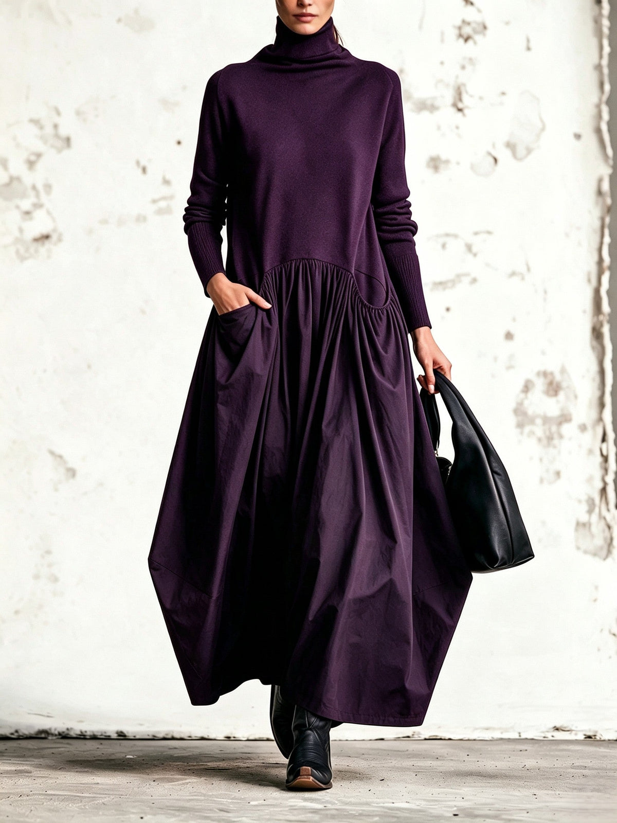 Adriana | Vestido Largo Oversize de Cuello Alto con Bolsillos