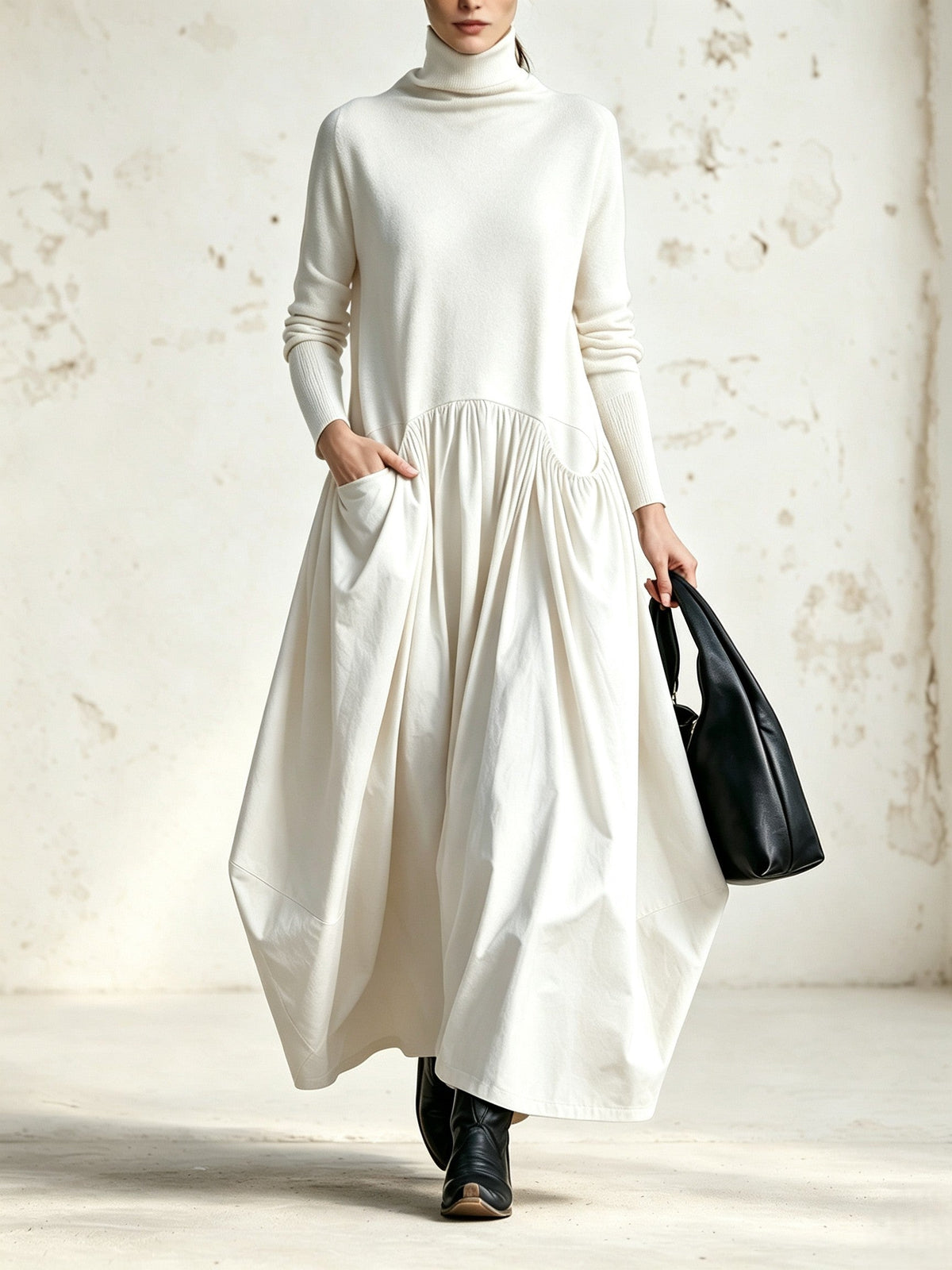 Adriana | Vestido Largo Oversize de Cuello Alto con Bolsillos