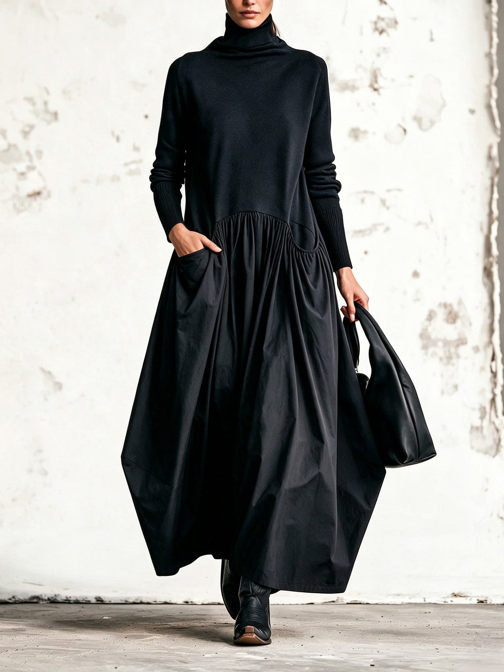 Adriana | Vestido Largo Oversize de Cuello Alto con Bolsillos