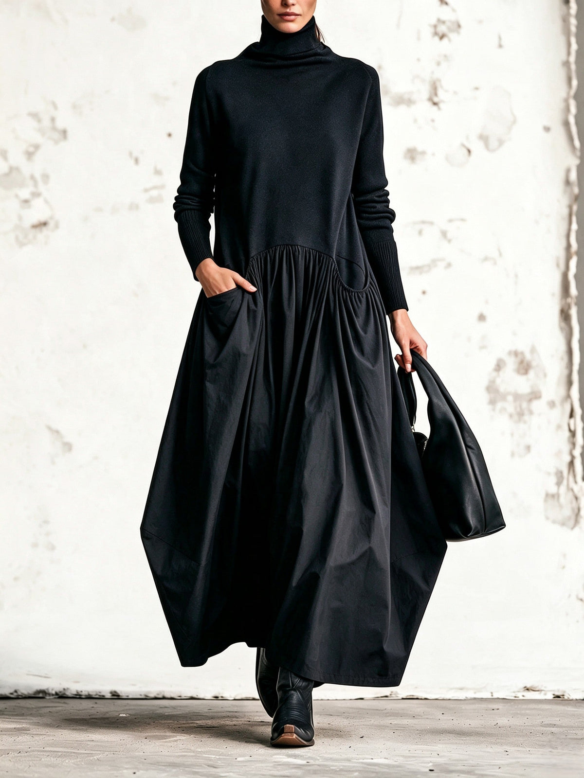 Adriana | Vestido Largo Oversize de Cuello Alto con Bolsillos