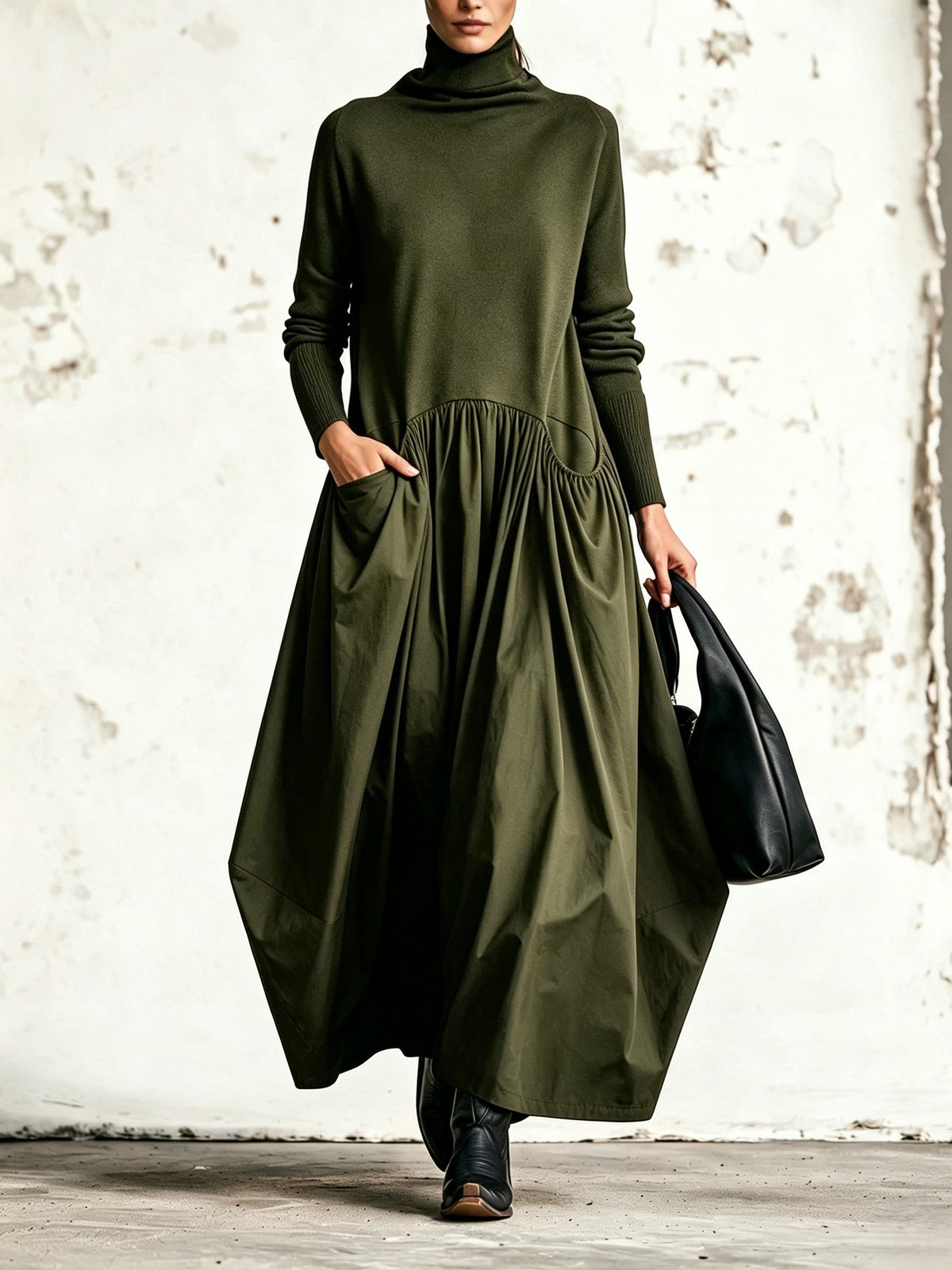 Adriana | Vestido Largo Oversize de Cuello Alto con Bolsillos