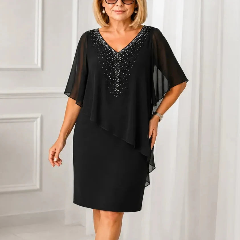 Joaquina | Vestido Midi de Invitada con Capa de Gasa y Escote en Pico