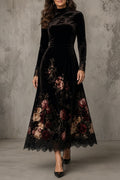 Luciana | Vestido de Terciopelo con Cuello Alto y Detalles de Encaje